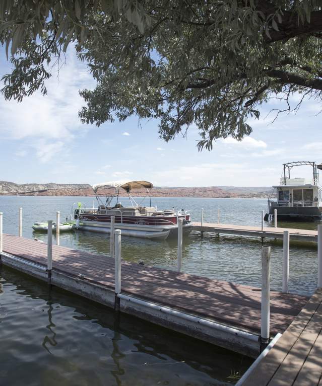 A boating dock along Alcova Reservoir in Wyoming.