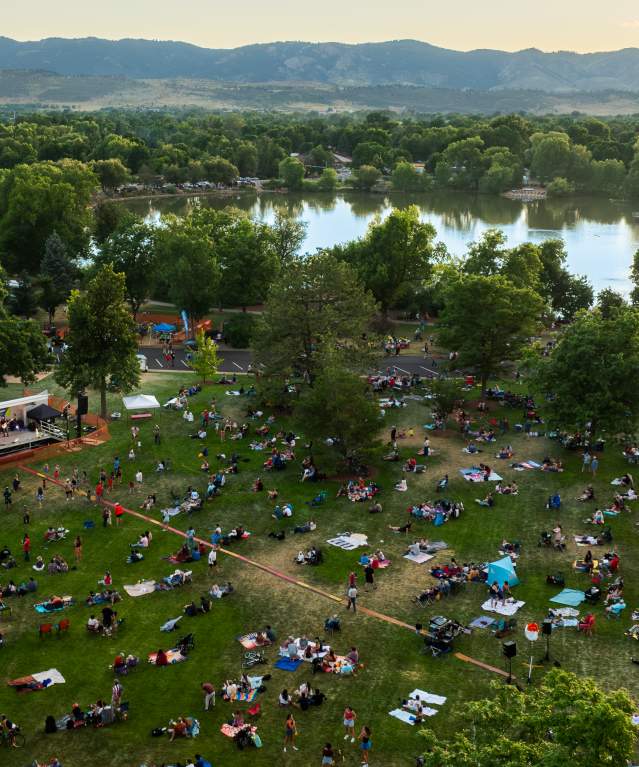 Aerial drone shot of 4th of July concert at City Park