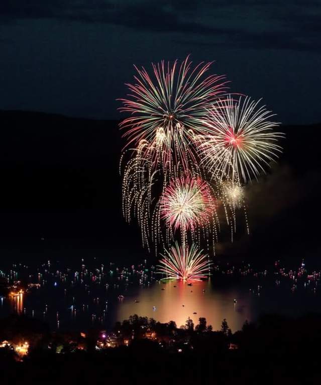 Fireworks exploding over Lake George on the 4th of July