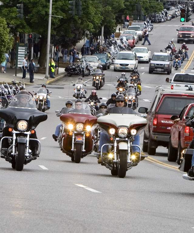 Group of motorcycle riders traveling together on a cloudy day headed towards the Americade motorcycle in Lake George, New York
