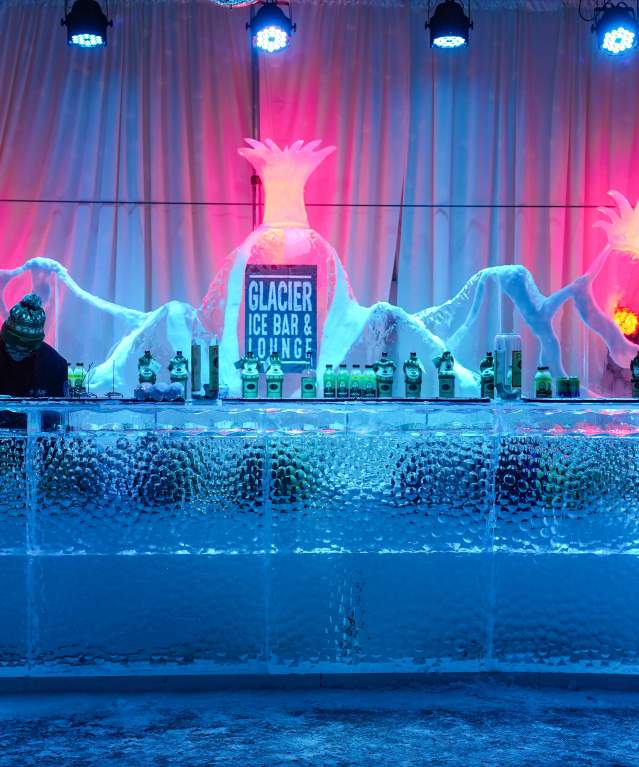 Ice bar with volcanoes sculpted out of ice as the backdrop at Glacier Ice Bar and Lounge