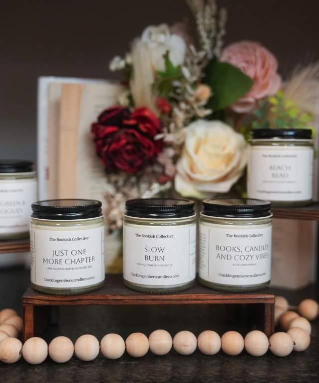 Book-themed candles at Just One More Chapter