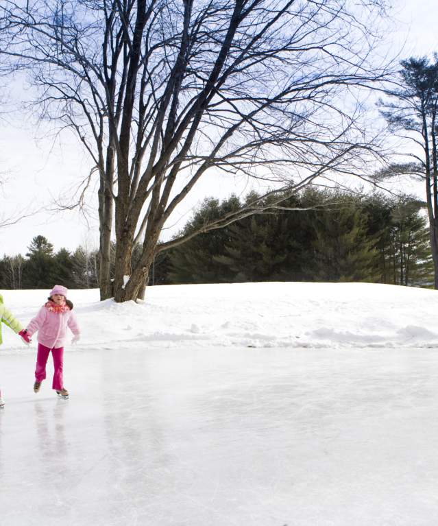 Two young children holding hands while ice skating on a frozen lake.