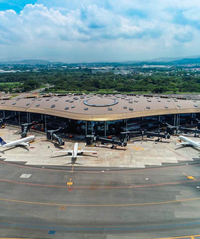 Aerial view of airplanes at Terminal 2 of Tocumen International Airport, Panama City, Panamá