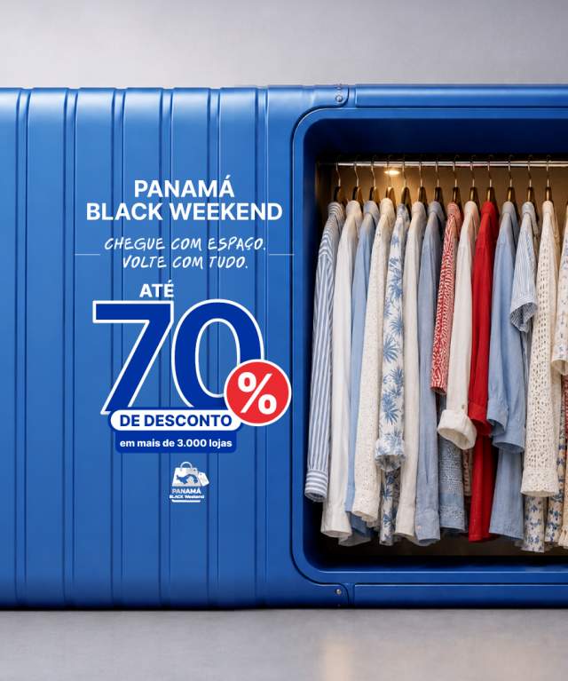 Banner do Panama Black Weekend com uma mala azul aberta cheia de roupas e descontos de até 70% em mais de 3.000 lojas
