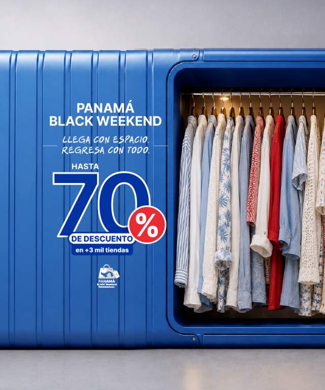 Banner de Panamá Black Weekend con maleta azul abierta llena de ropa y descuentos de hasta 70% en más de 3 mil tiendas