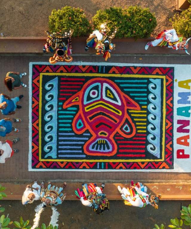 Aerial view of Corpus Christi carpet, made with colorful flowers and natural materials