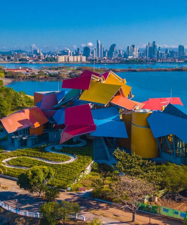 Aerial view of Biomuseo, Causeway, Panama City