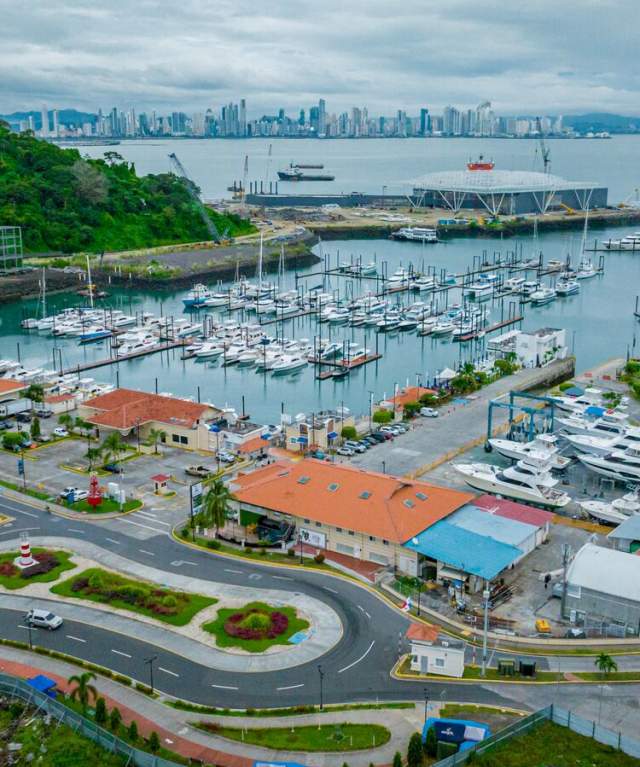 Aerial View of Amador Marina. Restaurants around it. City Skyline in the background.