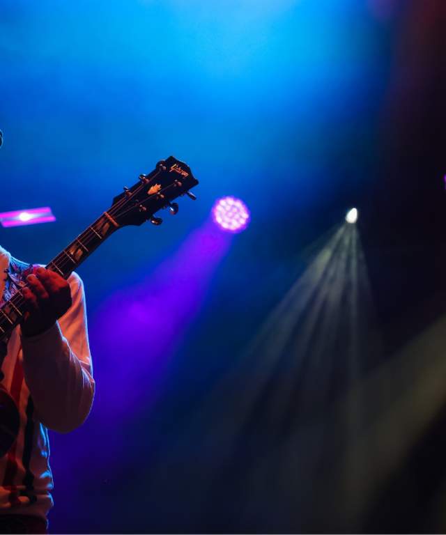 man with a guitar in stage shadow
