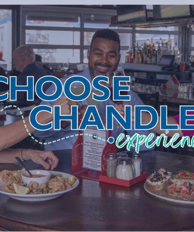 3 people cheers with Choose Chandler Experiences logo on top.