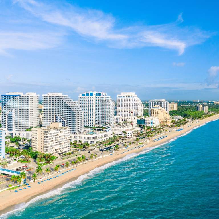 Aerial view of Fort Lauderdale beach hotels taken from over the Atlantic Ocean