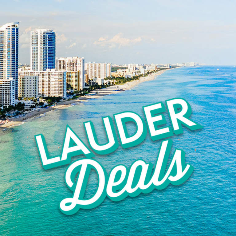 Aerial view of buildings along Fort Lauderdale beaches with "LauderDeals" logo