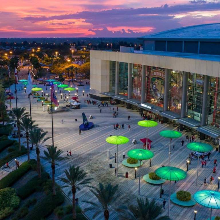 Aerial shot of FLA Live Arena at Sunset