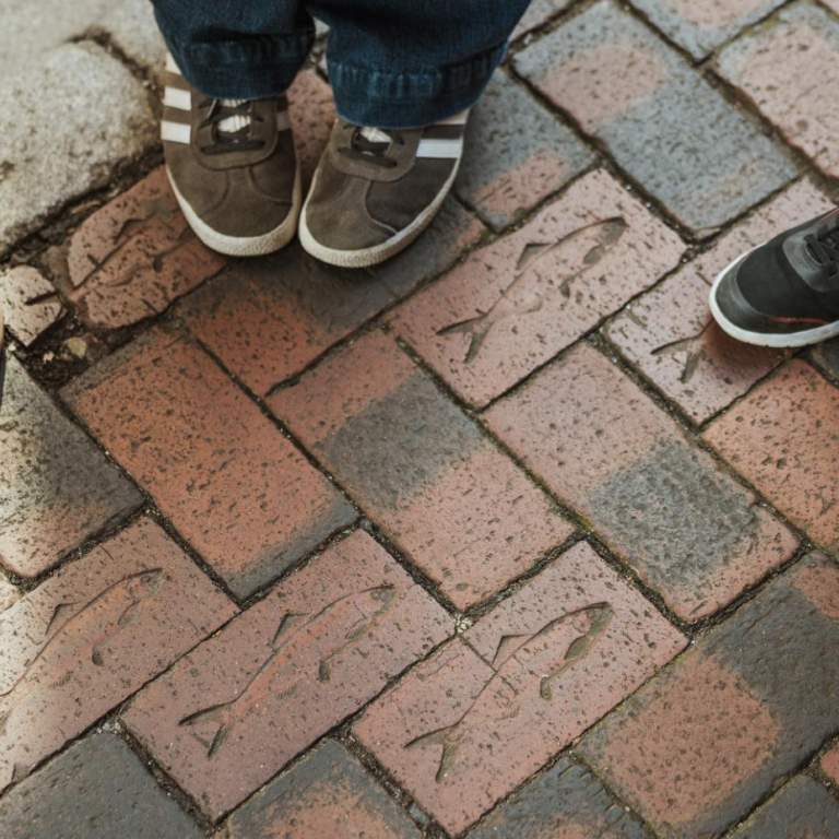 Children standing on brick paving stones engraved with fish designs along Hull’s Fish Trail.