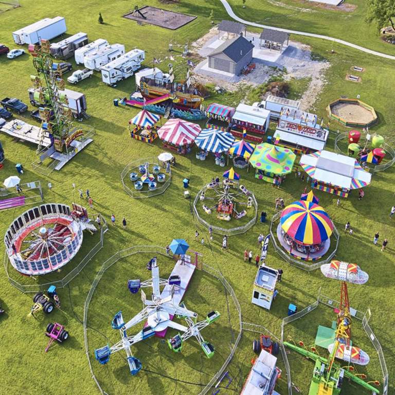 Aerial view of the festival in the park.