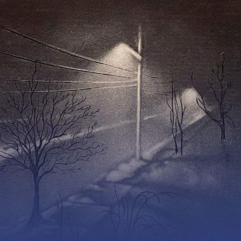 Dark street with light posts in promotion for Mezzotint and the Power of Darkness