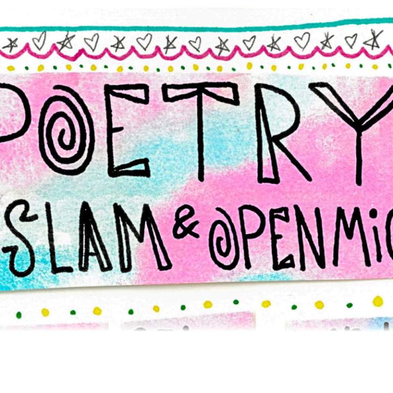 This is an event flyer for a free public live poetry and spoken word open-mic taking place monthly at the Fort Wayne Indiana public library theater