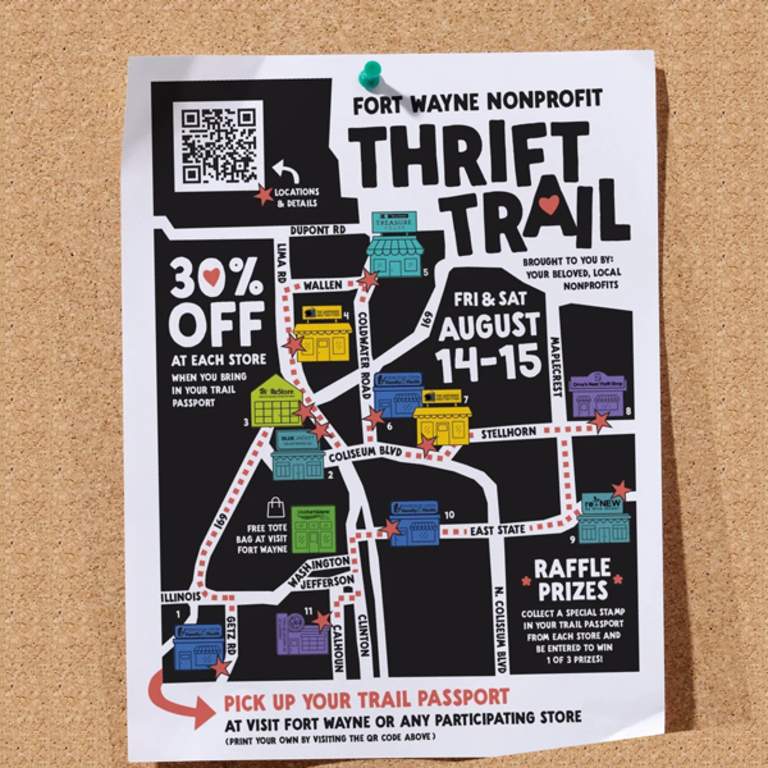 Promotion image for the Fort Wayne Nonprofit Thrift Trail. Sales. Scavenger Hunts. Prizes. Good Causes! Friday and Saturday, August 14 & 15, 2026.