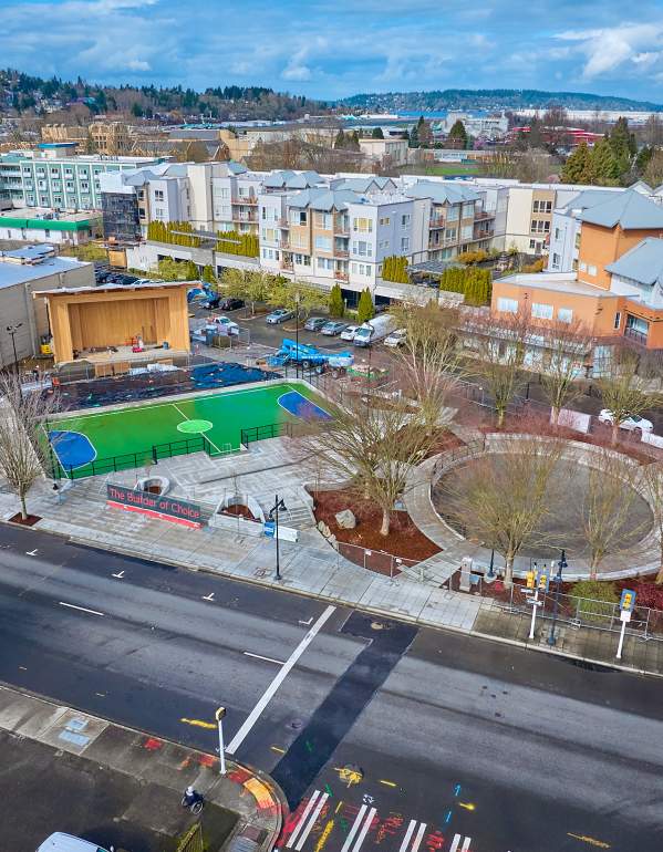 Legacy Square, a public square in downtown Renton featuring stage, futsal court and spot for a new playground.