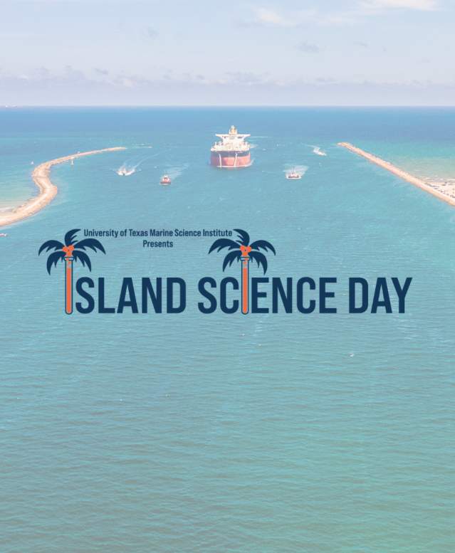 A blue and orange logo reads "Island Science Day." The "I"s are beakers made of palm trees. Behind the logo is a semi-transcluent photo of a ship channel.