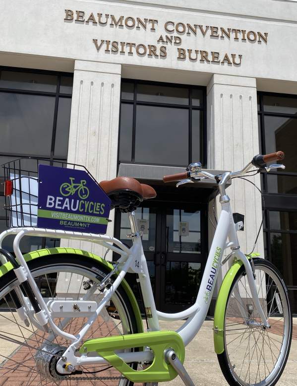 Beaucycles bike in front of the Beaumont Convention and Visitors Bureau