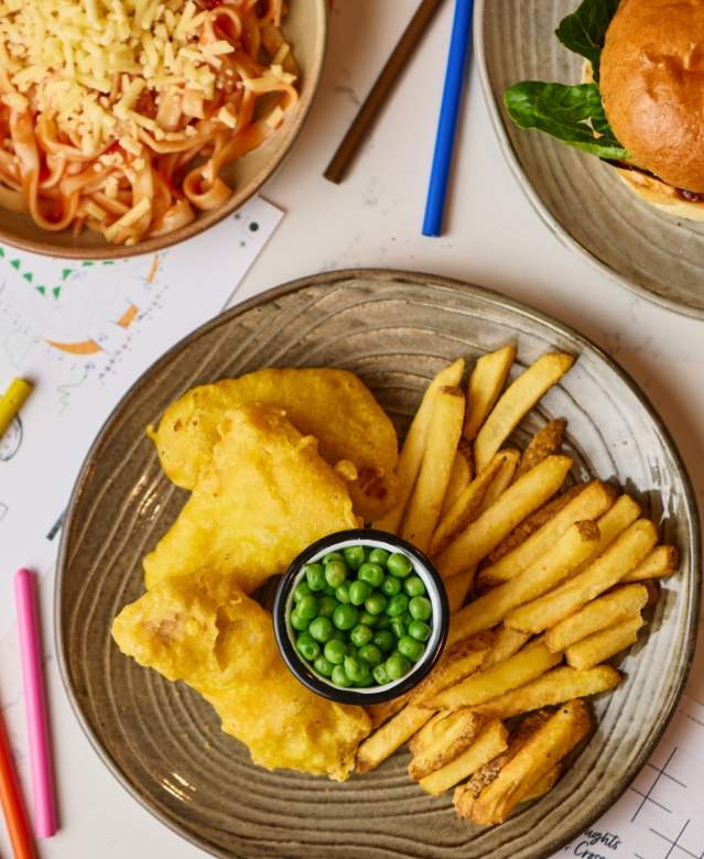 Selection of kids meals and menu with colouring in - credit The Maple