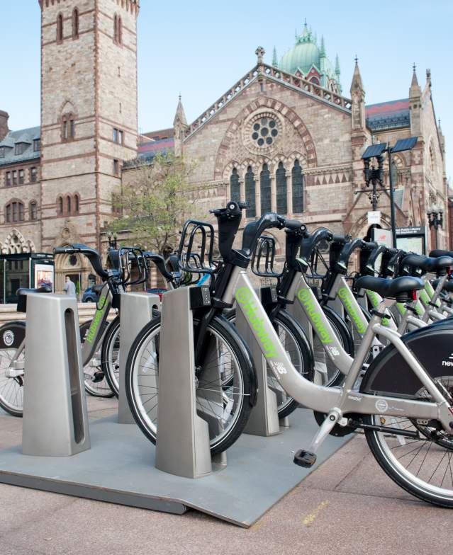 Hubway Bikes available outside the Public Library in Copley Square