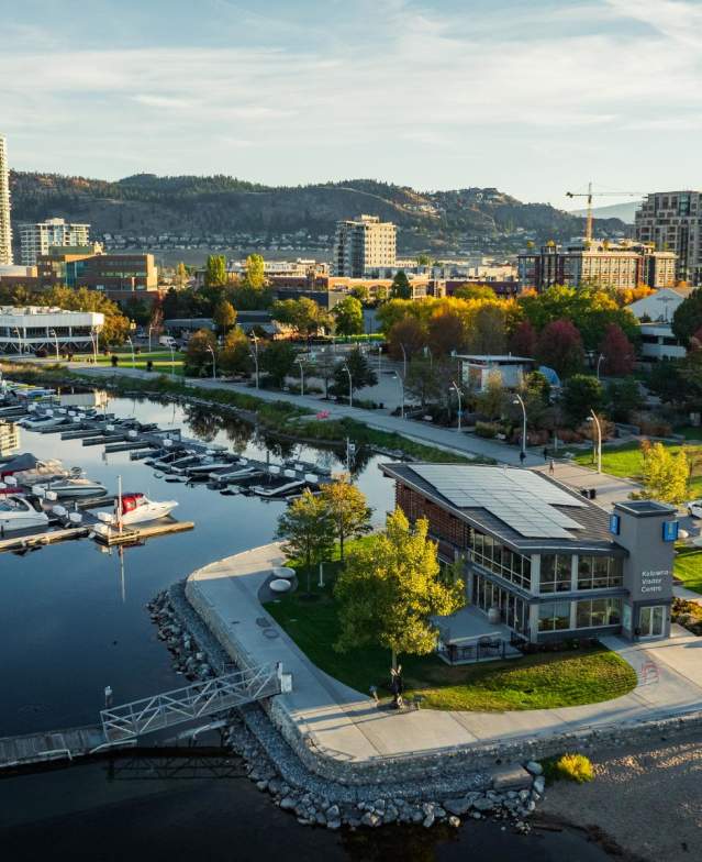 Kelowna Visitor Centre Downtown Kelowna during Fall Aerial 1