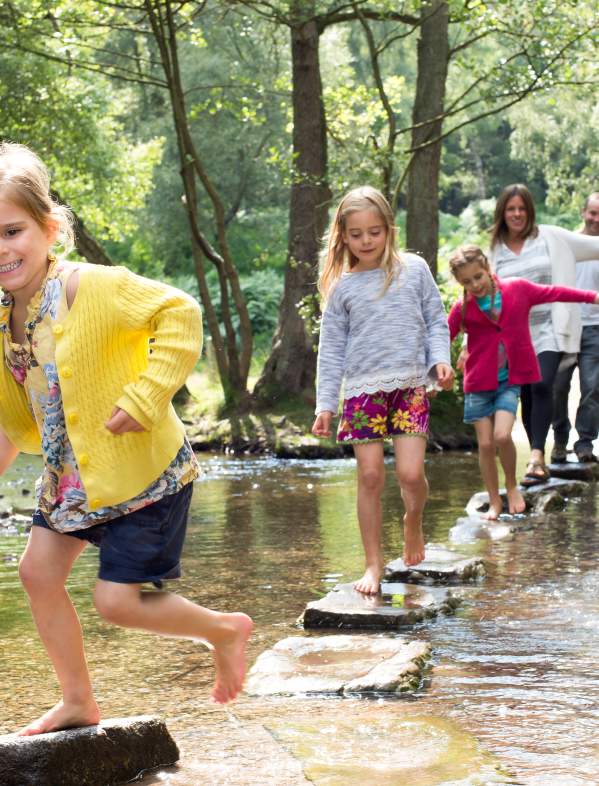 Cannock Chase Family Days Out family crosses stream stepping stones