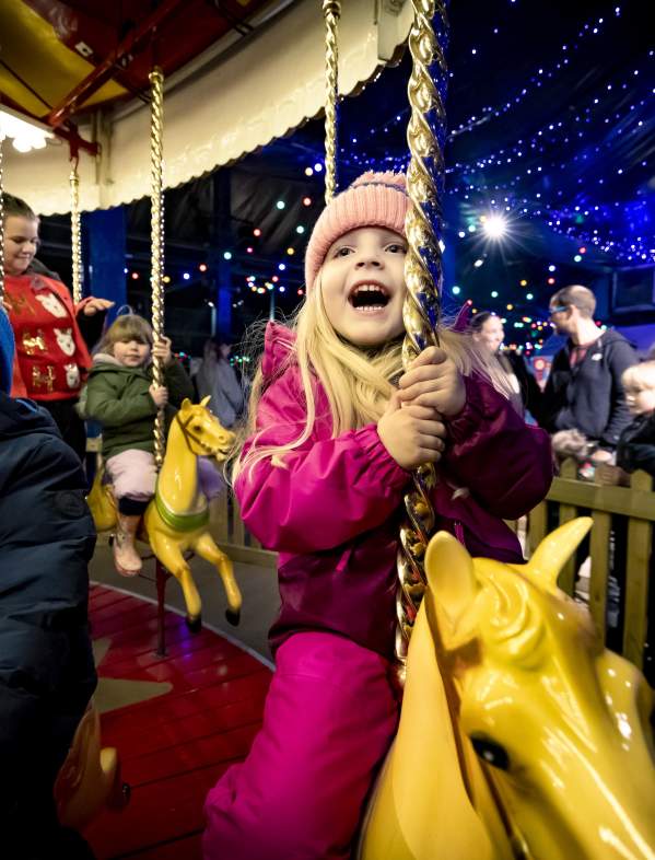 a girl on a carousel at Santa's Winter Wonderland