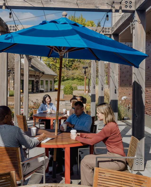 A group of meeting attendees sit outside on a sunny day.