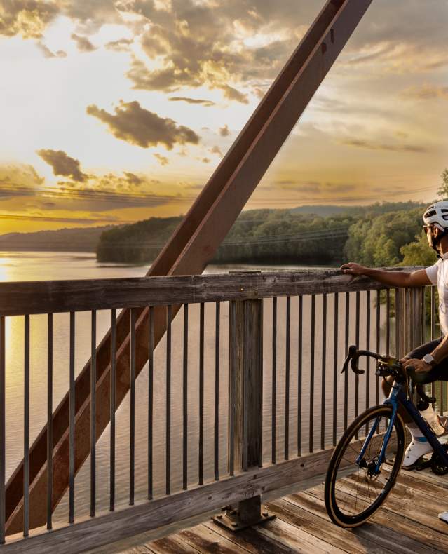 Two cyclists pause on a bridge, looking out over the water.