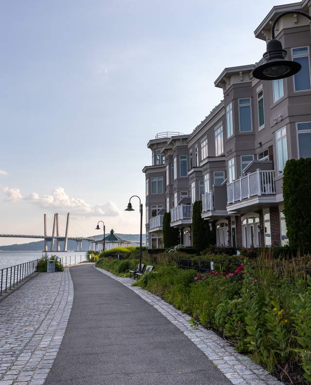 The RiverWalk pathway stretching along the shores of the Hudson River.