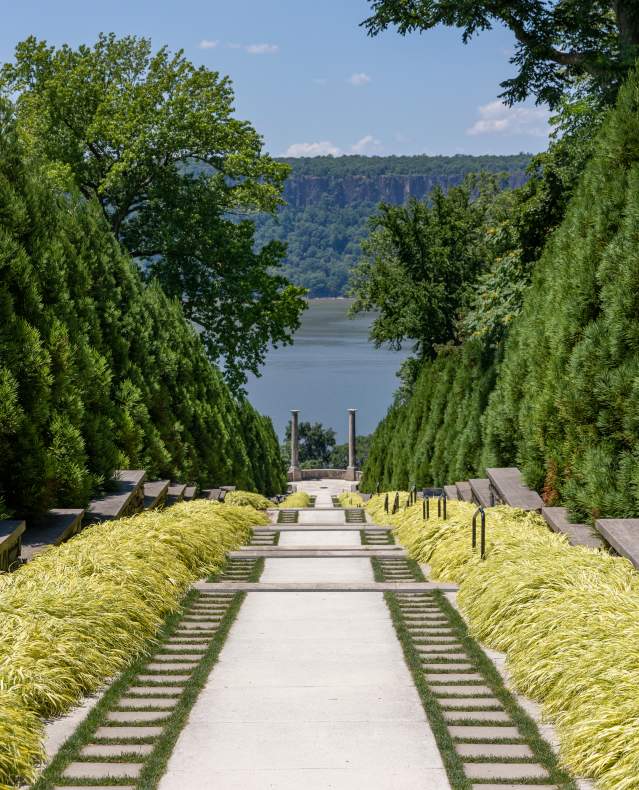 A line of green trees frames a pathway to the Hudson River.