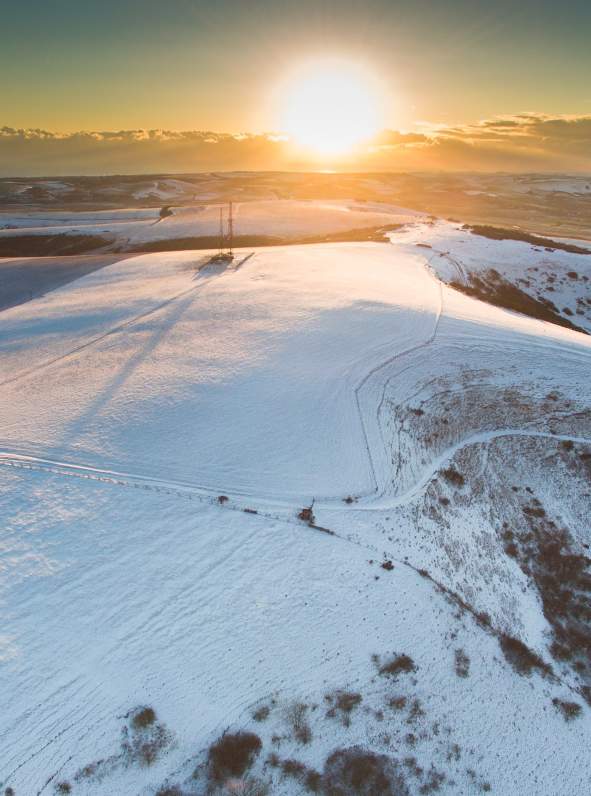 A snowy hillside in the South Downs National Park, Sussex