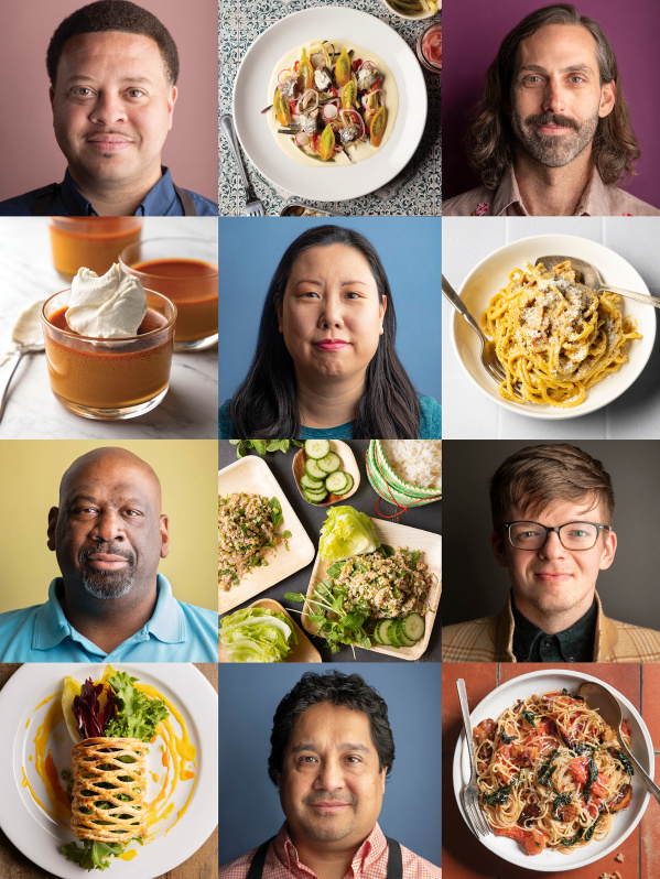 a grid of milwaukee chef headshots and food photography featuring dishes and chefs from the Milwaukee Cookbook