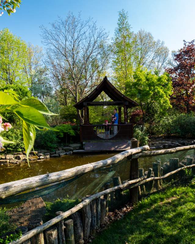 A Japanese garden with flowers, trees, and a small gazebo overlooking a pond.