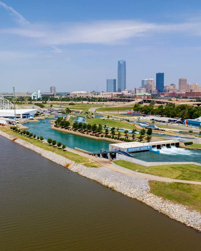 Skyline view of downtown OKC and the Oklahoma River