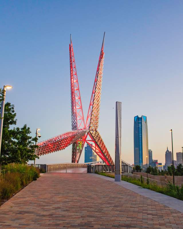 View of Skydance Bridge in Scissortail Park and the downtown skyline