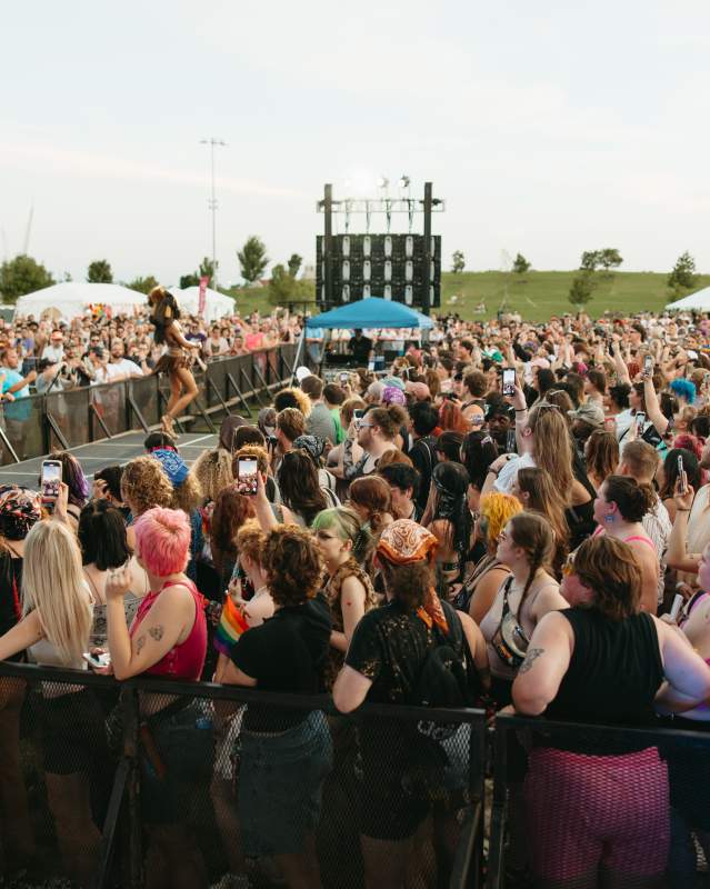 Group watches a drag show during Oklahoma PrideFest in Scissortail Park