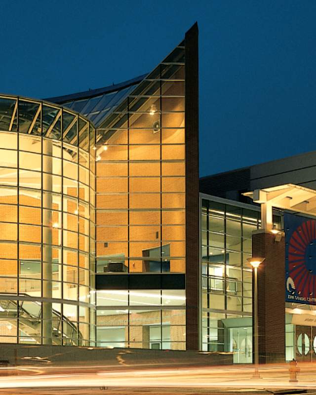 John S Knight Center exterior at night