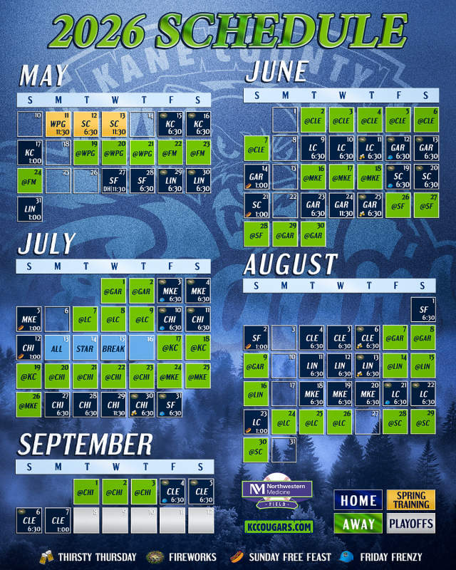 2026 Schedule for Kane County Cougars