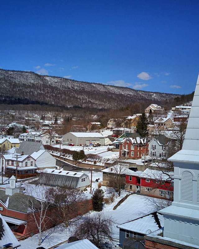 aerial of downtown in Winter