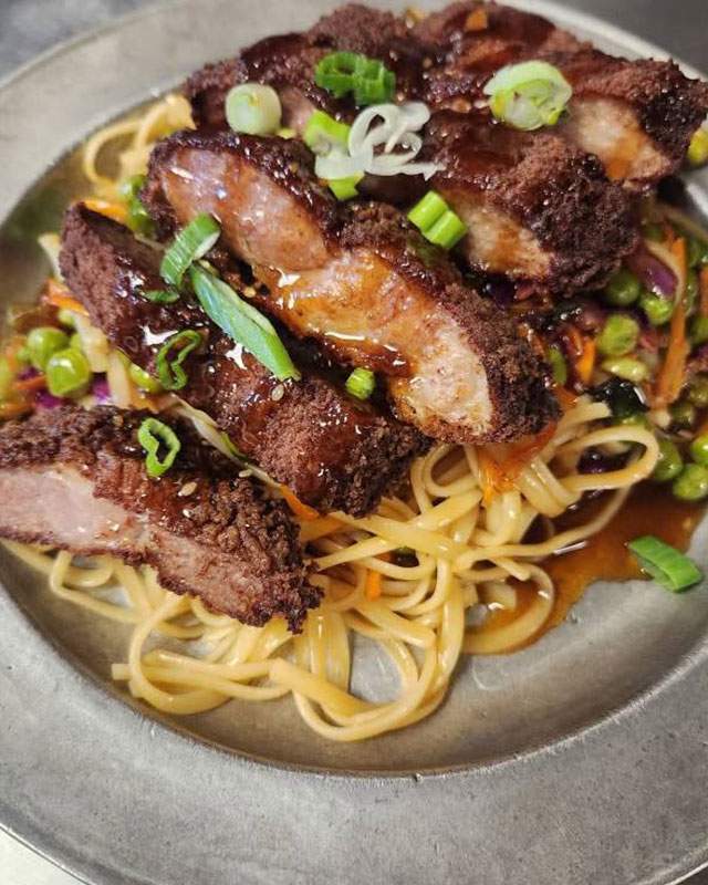 meat and pasta plate
