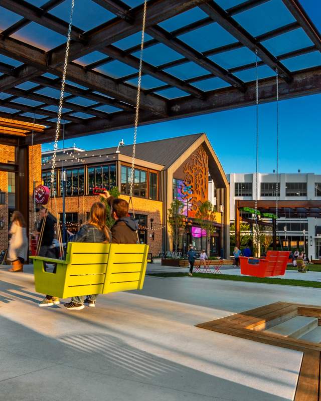 Wooden swings in The Yard at Easton Town Center