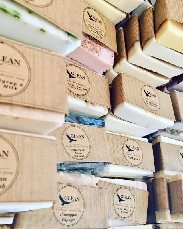 Close up of pile of natural bar soaps at Glean