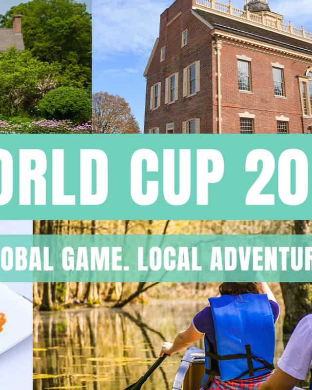 A collage of images representing Delaware, with text reading, "World Cup 2026: Global Game, Local Adventure."