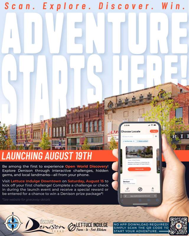 Flyer for Open World Discovery, with text that says" launch Open World Discovery in Denison on August 19! This new interactive experience lets you explore Denison through challenges, hidden gems, local landmarks, and more—all right from your phone."