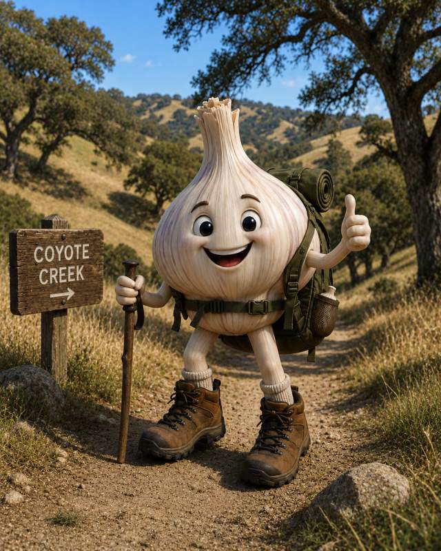 Anthropomorphized garlic guy with hiking attire on a "coyote Creek" trailhead giving a thumbs up.